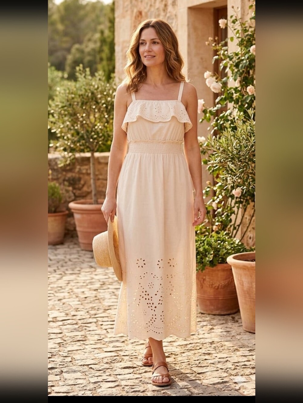 Mariposa Romantic Cream Strappy Sleeve Eyelet Midi  Dress Size L